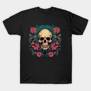 Skull with Tropical Flowers and Tribal Patterns T-Shirt